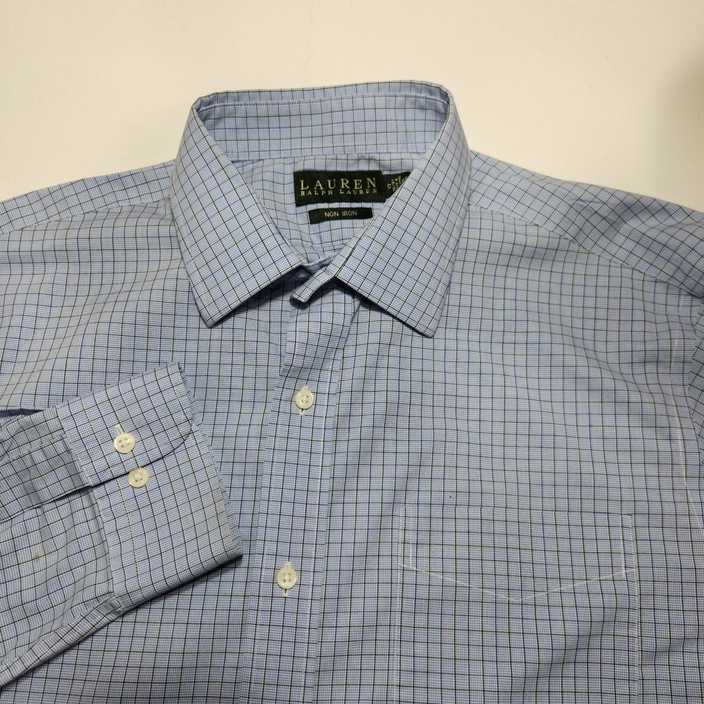Lauren Ralph Lauren Mens Button Down Shirt Size 17 36/37 Blue Checked Non Iron‎